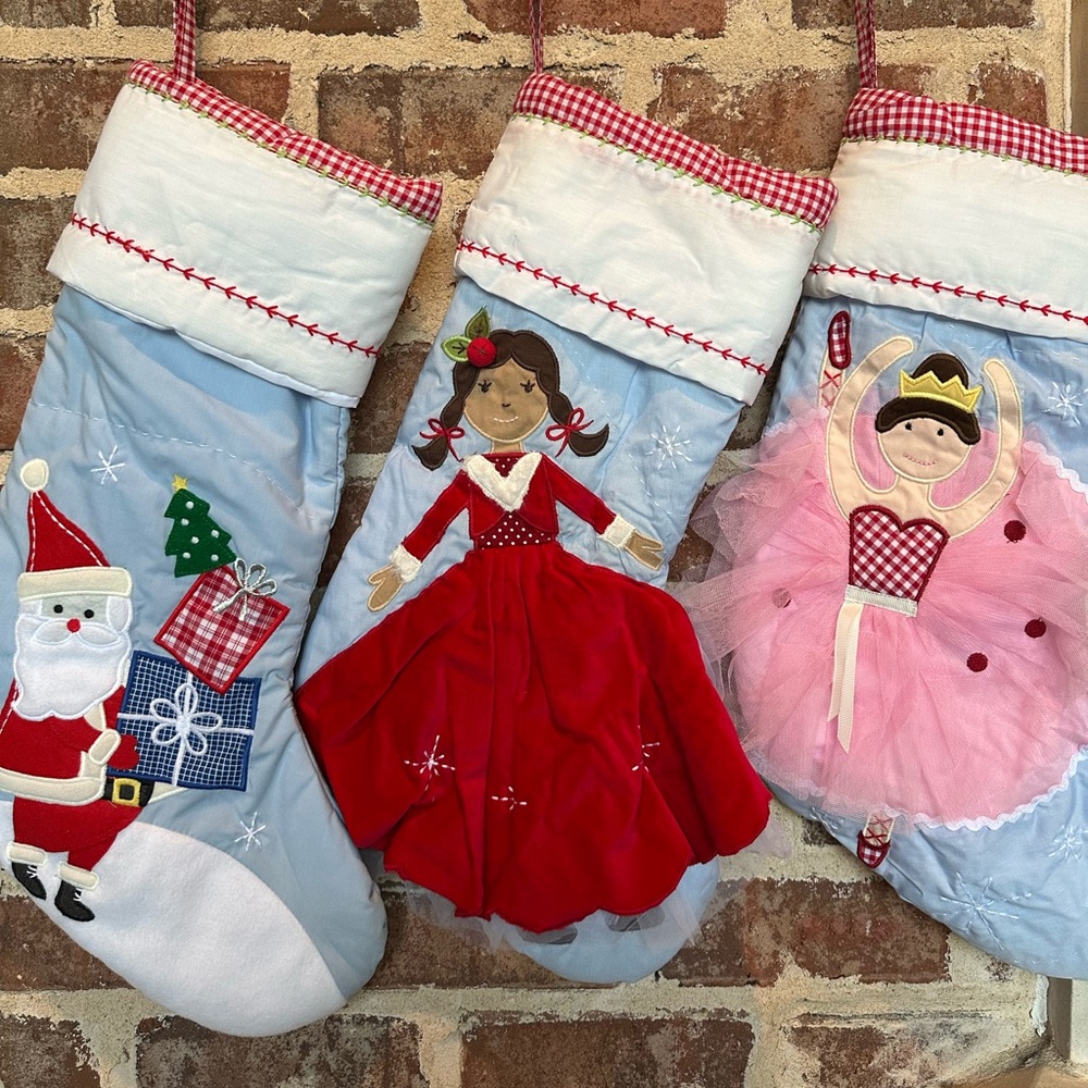 3 Pottery Barn Kids Blue Quilted Christmas Stocking:Girl+Ballerina+Santa